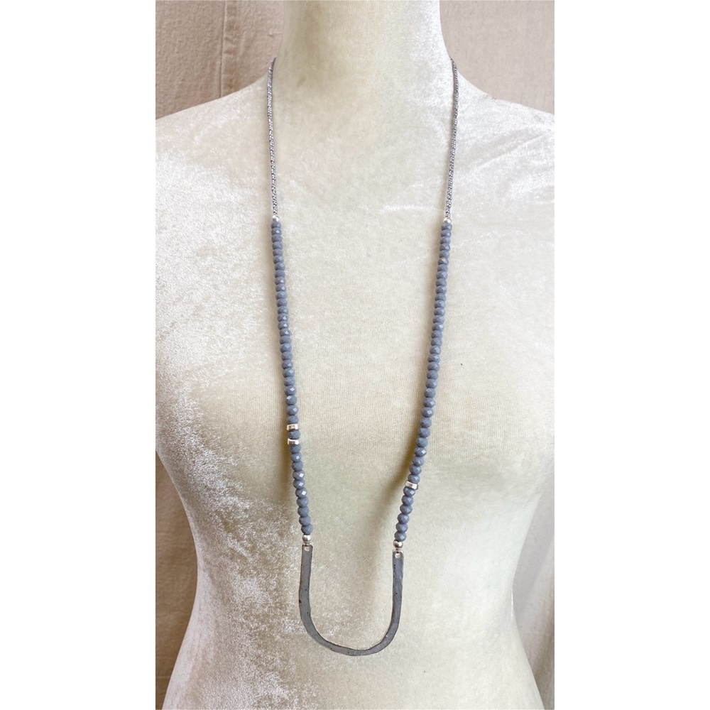 Grey and Silver Beaded Necklace with matte silver U shaped pendant